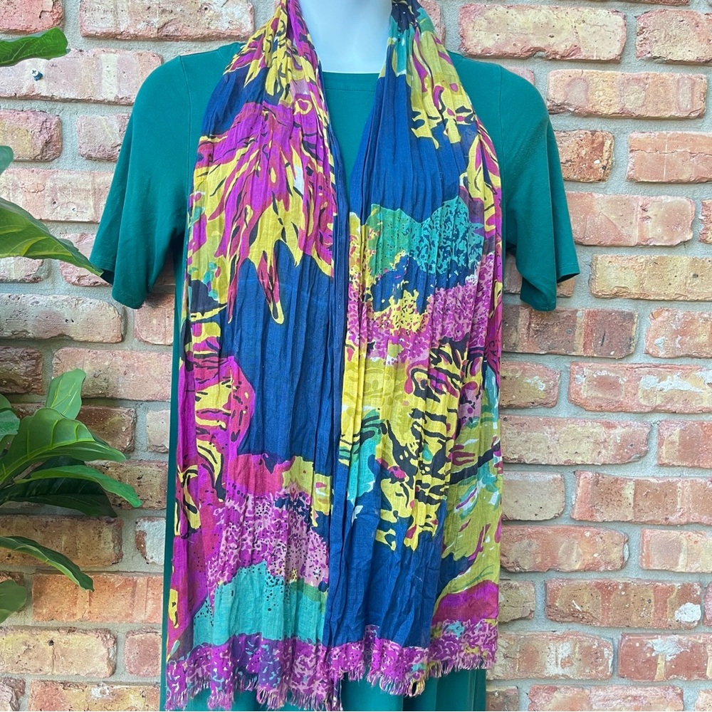 ABSTRACT SCARF JEWEL COLORS FRINGE - Picture 3 of 11